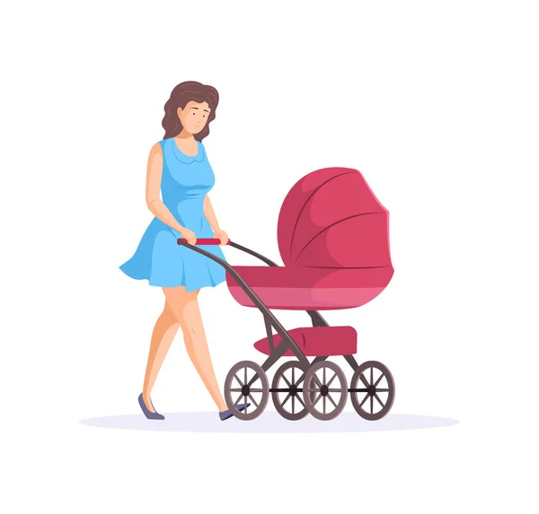 Happy Woman Outdoors Young Mother Walks Newborn Stroller Motherhood Maternity — Stock Vector