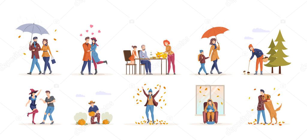 People in fall, enjoying autumn activity. Couple, family, friends spending time together walking, collecting mushrooms, going to school, Halloween party, harvest picking, Thanksgiving day cartoon flat