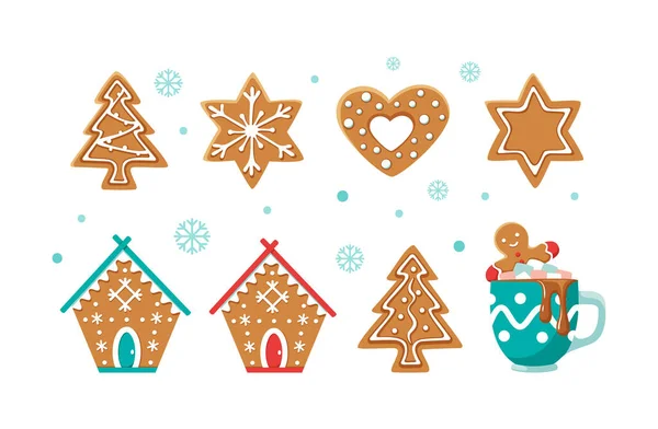 Set Verschiedene Süße Lebkuchen Weihnachten Winterhäuser Set Von Feiertagsbonbons Form — Stockvektor