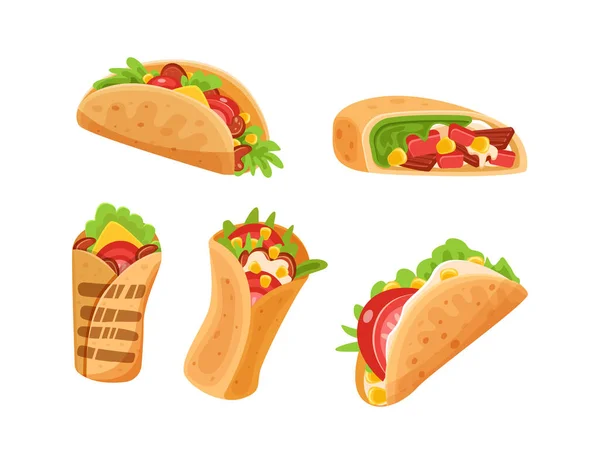 Set Tradizionale Messicano Avvolto Fast Food Fajita Burritos Tacos Piatto — Vettoriale Stock