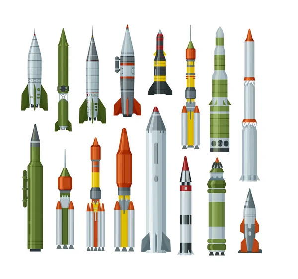 不同类型的军用密西西比火箭 在空中飞行的陆军发动机武器和弹道导弹弹头 危险的原子弹销毁空中火箭 弹道导弹和核弹头 — 图库矢量图片