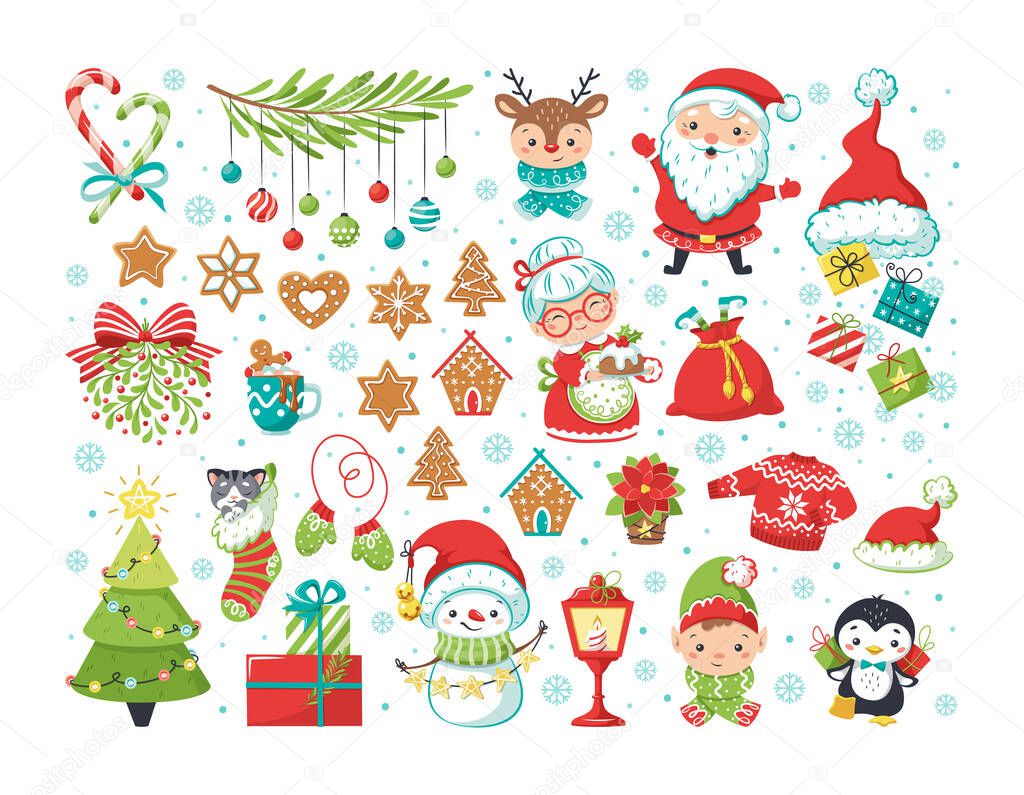 ?hristmas elements set. Snowflakes, Santa Claus, spruce, gifts, ginger christmas cookies, candles, sweet cane, penguin, gnome, deer, ugly sweater, snowman. Winter greeting card. Happy New Year flat