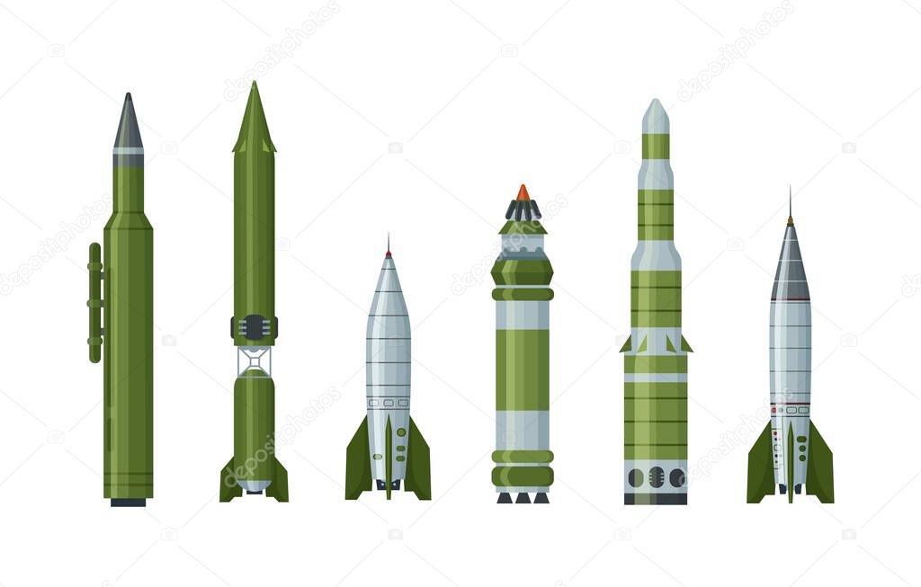 Military missilery rocket of different types set. Army engine weapon flying in air and ballistic nuclear bomb warhead. Dangerous atomic explosive destruction air rocket, ballistic nuclear bomb warhead