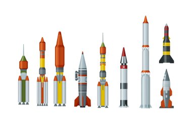 Farklı tipte askeri füze seti. Ordu makineli tüfeği havada ve balistik nükleer bomba başlığında uçuyor. Tehlikeli atomik patlayıcı. Hava roketi, balistik nükleer bomba başlığı.
