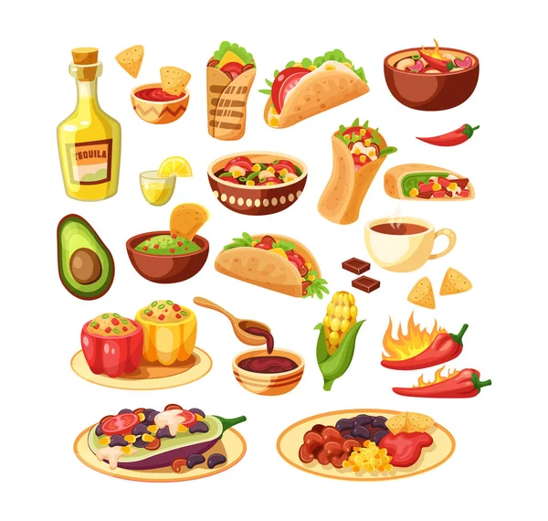 Traditional Mexican Cuisine Food Set National Mexico Dish Meat Hot — Stock Vector