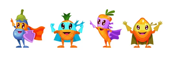 Divertente Personaggio Dei Cartoni Animati Melanzane Vegetali Ananas Carote Limone — Vettoriale Stock