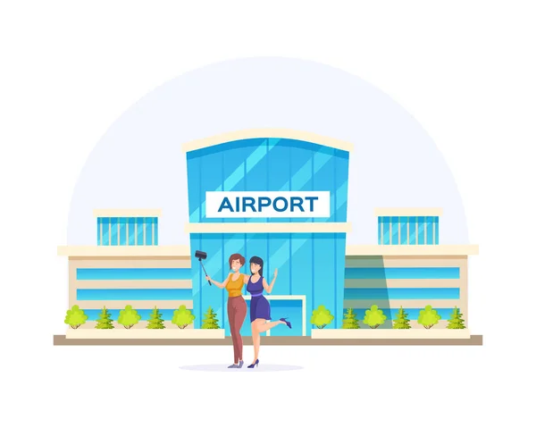 夏休みを楽しむ空港ビルの外観で自撮りポーズをとる幸せな旅行女性の友人 笑顔の女性観光客は ツアーフラットベクトルを持っているスマートフォンを使用して撮影 — ストックベクタ