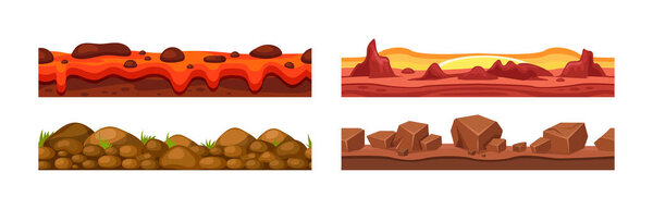 Seamless ground landscape layer set. Horizontal land and soil pattern with cliff, stones, boulders and volcanic lava. Foreground area with desert, sand, grass. Endless underground field cartoon vector