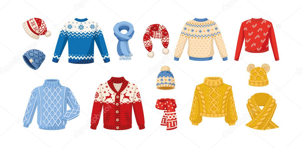 Cute knitted warm winter clothing. Wool knitting winter clothes hats, mittens, Christmas sweaters with festive winter year ornaments, cardigan, jumper, gloves, socks, couple of woolen threads vector