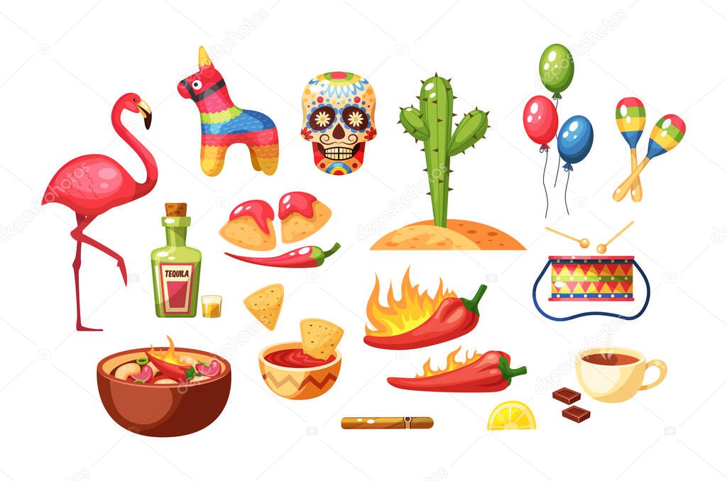 Set of traditional Mexican food with Cinco de Mayo celebration. Mexico holiday with pinata, spicy dish, cactus and tequila. National elements of greeting Hispanic festival with sugar skull flat vector
