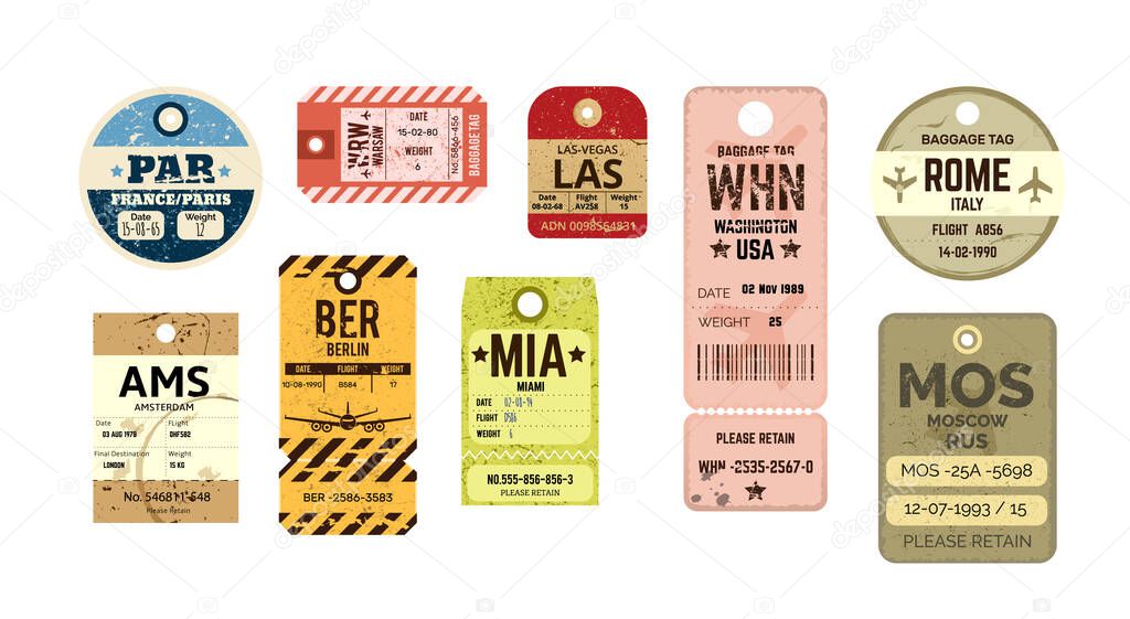 Vintage textured baggage and luggage tag. Label for suitcase travel marking with popular destinations Paris, Warsaw, Las Vegas, Rome, Amsterdam, Berlin. Baggage checks or ticket for passenger flight.