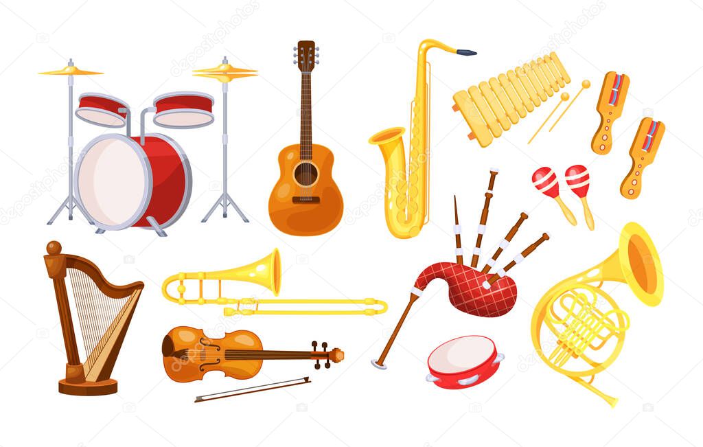 Musical metal wood acoustic instruments set: violin, tambourine, harp, trombone, bagpipe, saxophone, accordion, guitar, drum, tambourine, bagpipes, maracas, rumba cartoon vector
