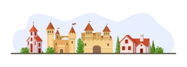 Ortaçağ kaleleri ve köy binaları yatay arka plan. Krallık mimarisi tuğla, ahşap ve taşlardan oluşmuştur. Eski antik kilise, kulübe, kemerli kapı, gözetleme kulesi dairesi düz.