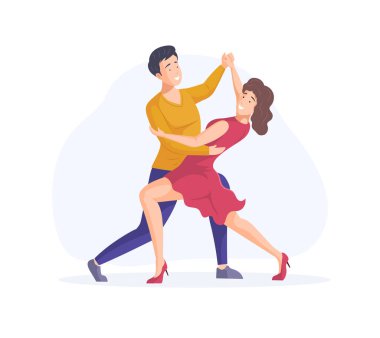Mutlu çift dans ediyor. Gülümseyen adam ve kadın okulda ya da partide dans ediyorlar. Romantik buluşmalardan, randevulardan, sanat hobilerinden ve işten hoşlanan iki dansçı. Profesyonel dansçı düz vektör