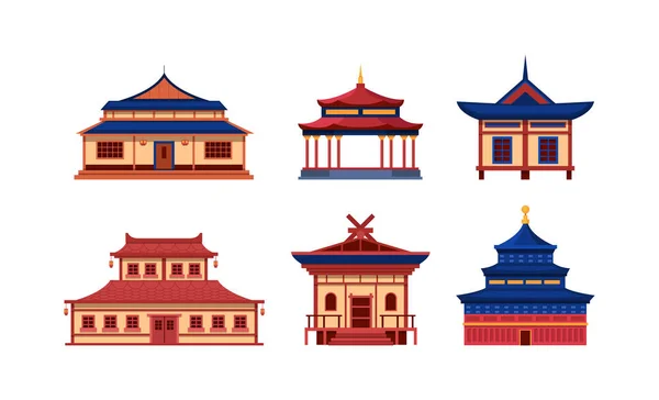 Conjunto Templos Casas Chinas Estilo Asiático Tradicional Edificios Religiosos Coreanos — Vector de stock