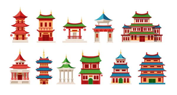 Templos Chinos Casas Estilo Asiático Tradicional Edificios Religiosos Coreanos Con — Vector de stock