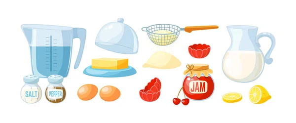 Cocción Masa Conjunto Ingredientes Para Hornear Herramientas Cocina Utensilios Cocina — Archivo Imágenes Vectoriales