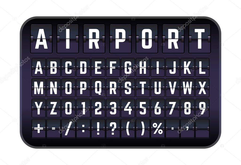 Airport mechanical flip board panel font. White letters on dark background. Terminal scoreboard for flight information. Alphabet chart info display panels. Automatic schedule cartoon vector