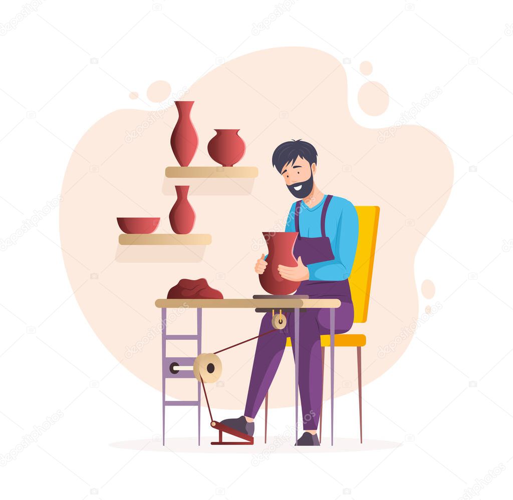 Male professional ceramist making pot, earthenware, crockery and other ceramics at pottery. Man enjoying handicraft hobby. Potter working with craft pottery wheel cartoon vector