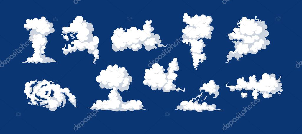 Smoke clouds, fume, explosion effects set. Comic smog, dust streaming, curve fluffy explode. Stormy movement mist, cigarette trace, vapor design. Fog, gas or hurricane cartoon vector