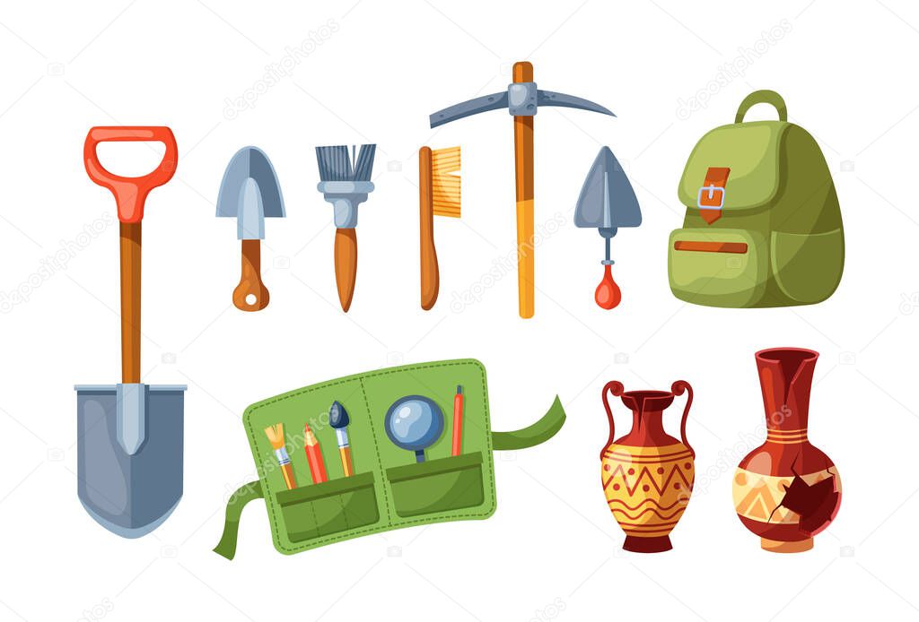 Archeology equipment. Digging tools excavation, shovel, pickaxe, amphora, backpack, shovel, tassel. Historic civilization exploration vector cartoon