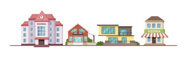 Kentsel sokak yatay manzarası. Şehir hayatı, ön cepheleri, yol ağacı. Modern dış binaların panoramik manzarası, kulübeler, okul, pizzacı, kır evleri. Apartman çizim vektörlü mahalle bölgesi
