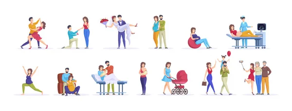 Ciclo Vida Familiar Hombre Mujer Feliz Citas Compromiso Casado Embarazo — Vector de stock