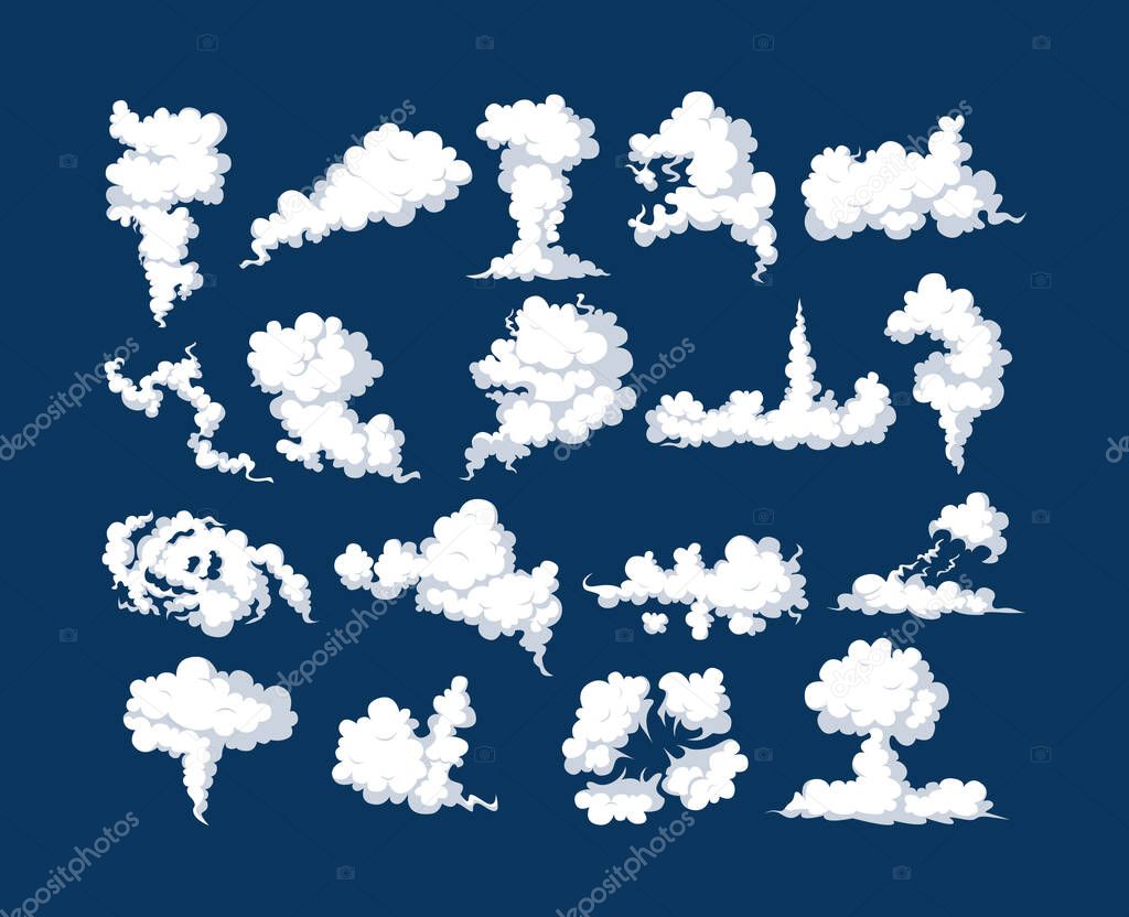 Smoke clouds, fume, explosion effects set. Comic smog, dust streaming, curve fluffy explode. Stormy movement mist, cigarette trace, vapor design. Fog, gas or hurricane cartoon vector