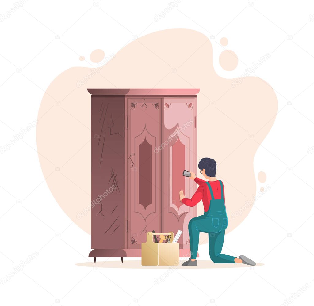 Restoration of old furniture. Craftsman repair vintage battered antique cupboard with cracks and scratches. Man handmade repairing retro cabinet use equipment supplies at workshop cartoon vector