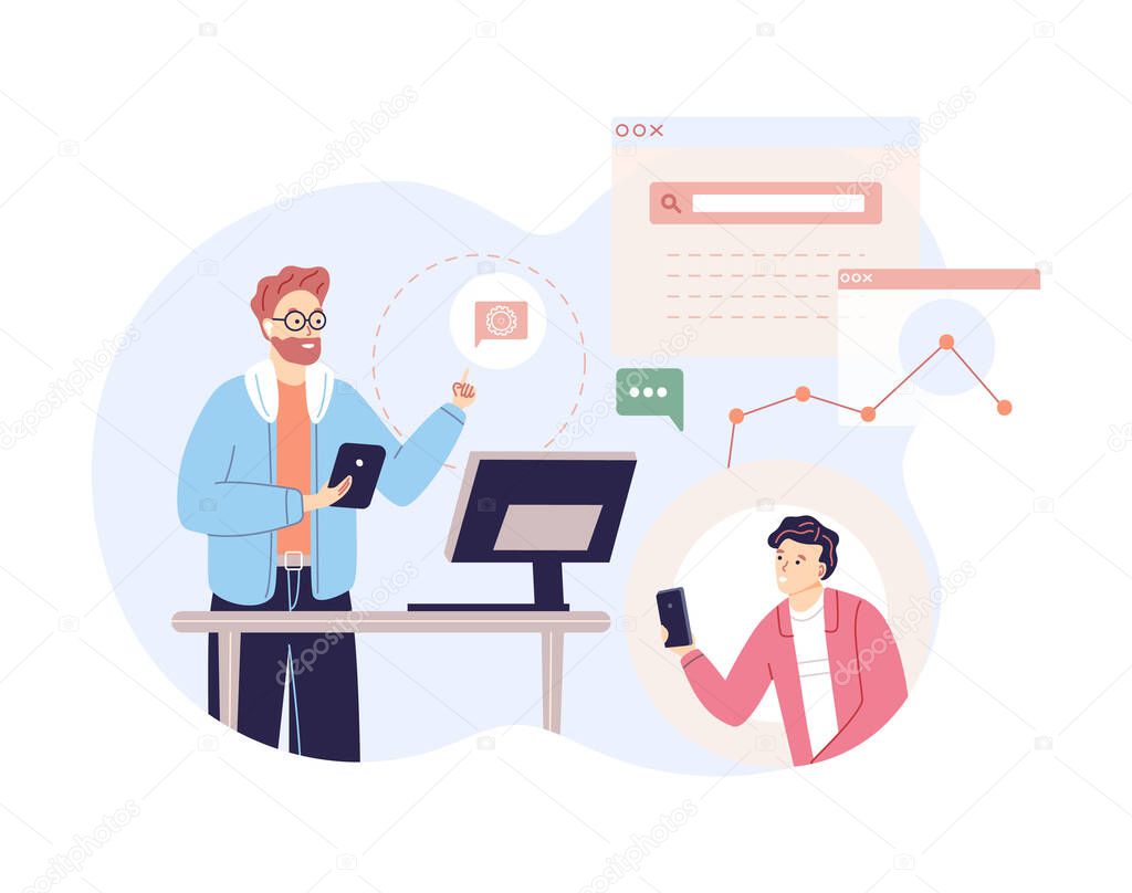 Male programmer accepts application from client. Professional developer work at customer service support. Technical specialist of helpline. Analyzing planning process website workflow cartoon vector