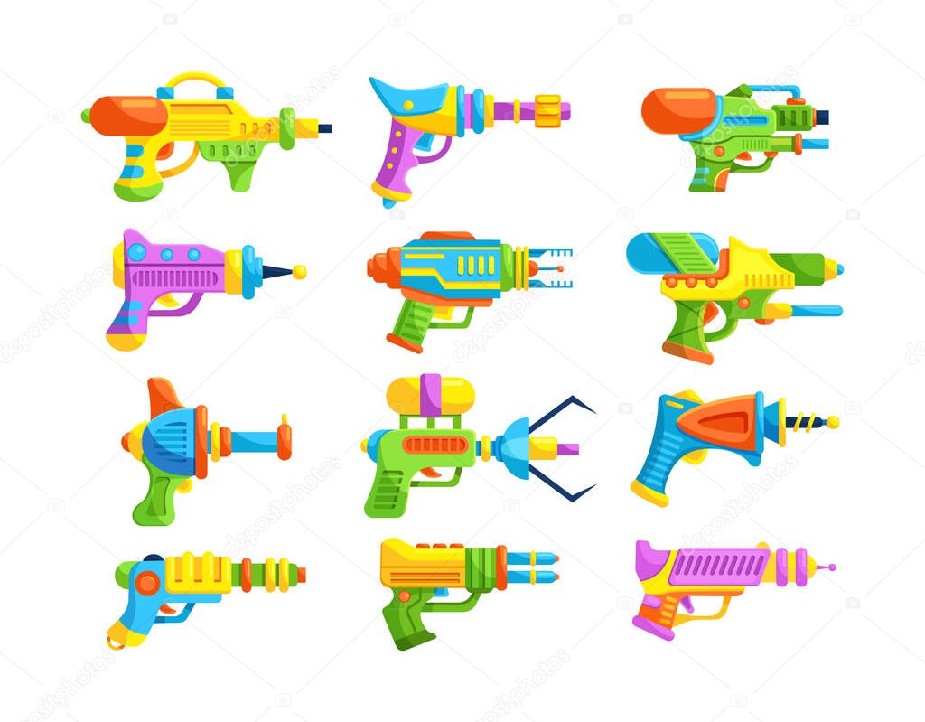 Bright gun children toy set. Blaster, handgun, raygun and laser weapon of aliens in space for kids playing. Childish water pistols with fiction beam, toys for kids game for shooting cartoon vector