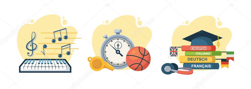 Set of creative educational lesson supplies. Music, physical culture and languages learning. Back to school. Education book and textbook, piano with notes and stopwatch with ball cartoon vector