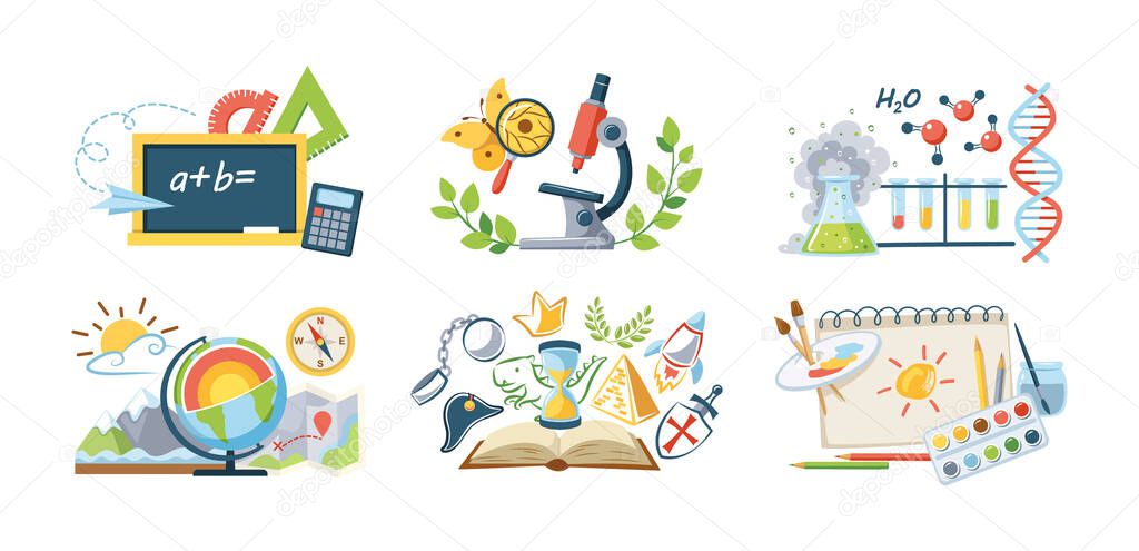 Back to school set. Creative educational supplies for math, geometry, biology, chemicals, geography, history and painting lesson. Studying different science discipline with equipment cartoon vector