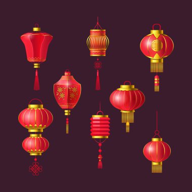 Kırmızı Çin fenerleri kuruldu. Geleneksel Asya yeni yıl lambaları festivali Japon tabelasıyla süslenmiş. Asya din sembolü ve doğu süsü. Kağıt ışıkları karikatür vektörü asılıyor