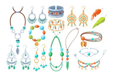Modaya uygun aksesuarlar takı seti. Tüyler, mücevherler, taşlar ve metalik elementlerle süslenmiş çok renkli bohem aksesuarlar. Şık küpeler, kolye, bilezik, bijoux vektör karikatürü