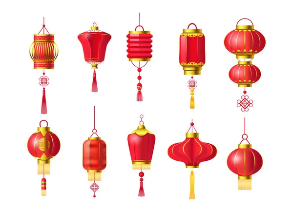 Red Chinese Lanterns Set Traditional Asian New Year Red Lamps — Stock Vector