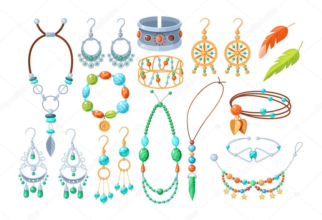 Fashionable accessories boho jewelry set. Multicolored bohemian accessory decorated by feathers, gems, stones and metallic elements. Stylish earrings, necklace, bangle, bijoux vector cartoon