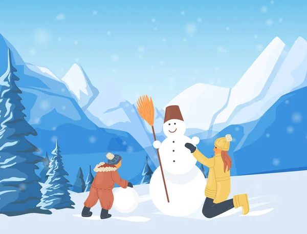 Children playing and making snowman in snow among snow-capped mountains landscape. Family winter holidays in mountains cartoon vector