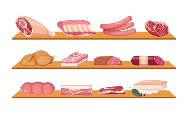 Viande Steaks Frais Viande Épicerie Fine Jeu Dessin Animé Saucisses — Image vectorielle