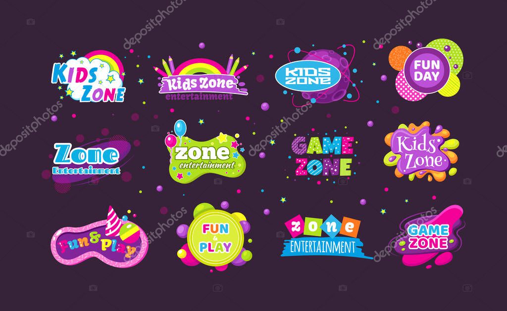 Kids game zone fun day entertainment set childish banner label sticker badge logo. Cartoon colorful logo for children's playroom decoration, fun play, zone entertainment kids zone vector illustration