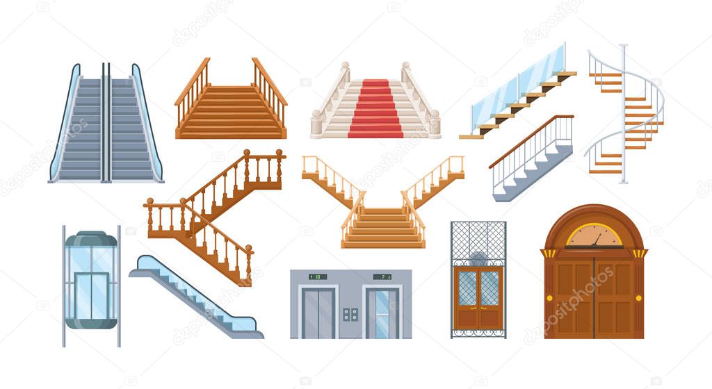 Wooden and metal staircase with handrails. Wooden staircases with a fence, spiral staircase, store escalator, floor to floor ladder. House office interior with lift mechanisms cartoon vector