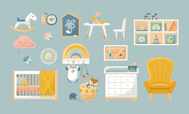 Çocuk odasının içi için bebek odası mobilyası koleksiyonu. Bebek odası mobilyalarını bebek yatağı, oyuncaklar, koltuk, çekmeceler, sandalyeli masa, oyuncakları düz vektörlü raflar ile ayarla
