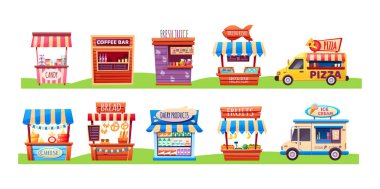 Yiyecek pazarı. Sokak büfesi, araba, kamyon, minibüs meyve, ekmek, pizza, süt ürünü, şeker, peynir, dondurma, kafe, taze balık satıyor. Açık hava ticareti fast food çizgi film vektörü