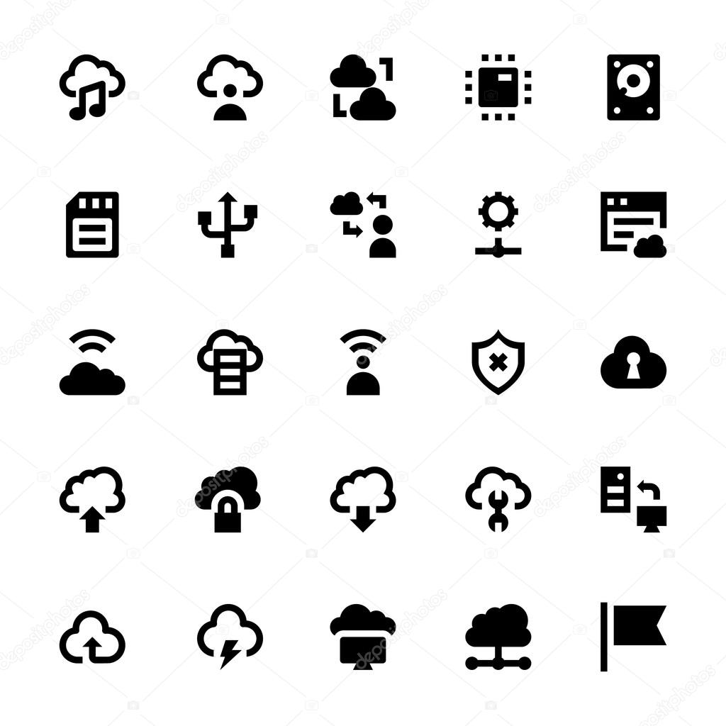 Cloud Data Technology vector icons for your personal files, entertainment, work, music, movies and more. Storage is now in the cloud, so use these vectors for all your projects.