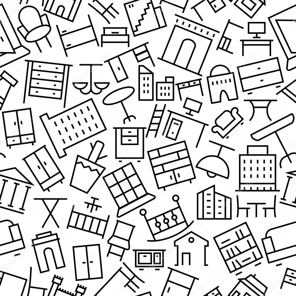 Building and Furniture Hand Drawn Outline Icon Pattern