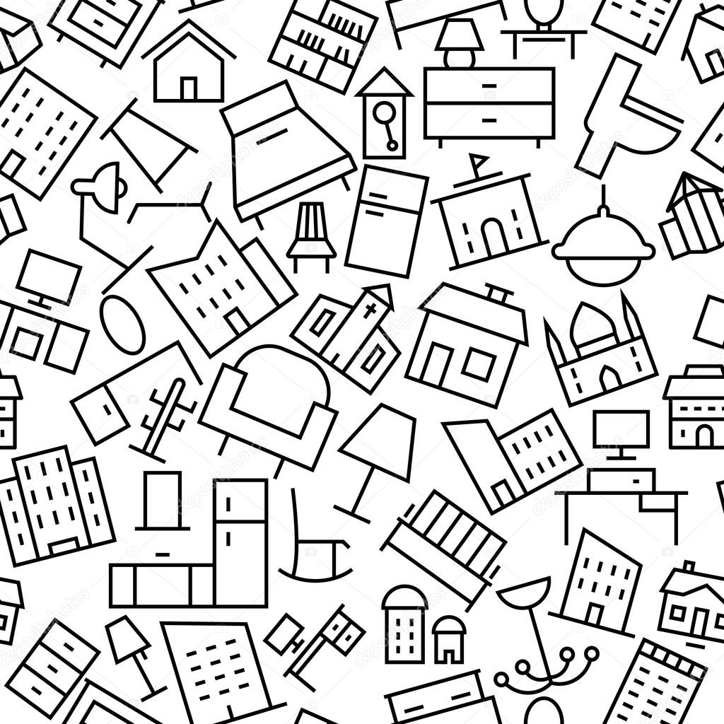 Building and Furniture Seamless Hand Drawn Icon Pattern
