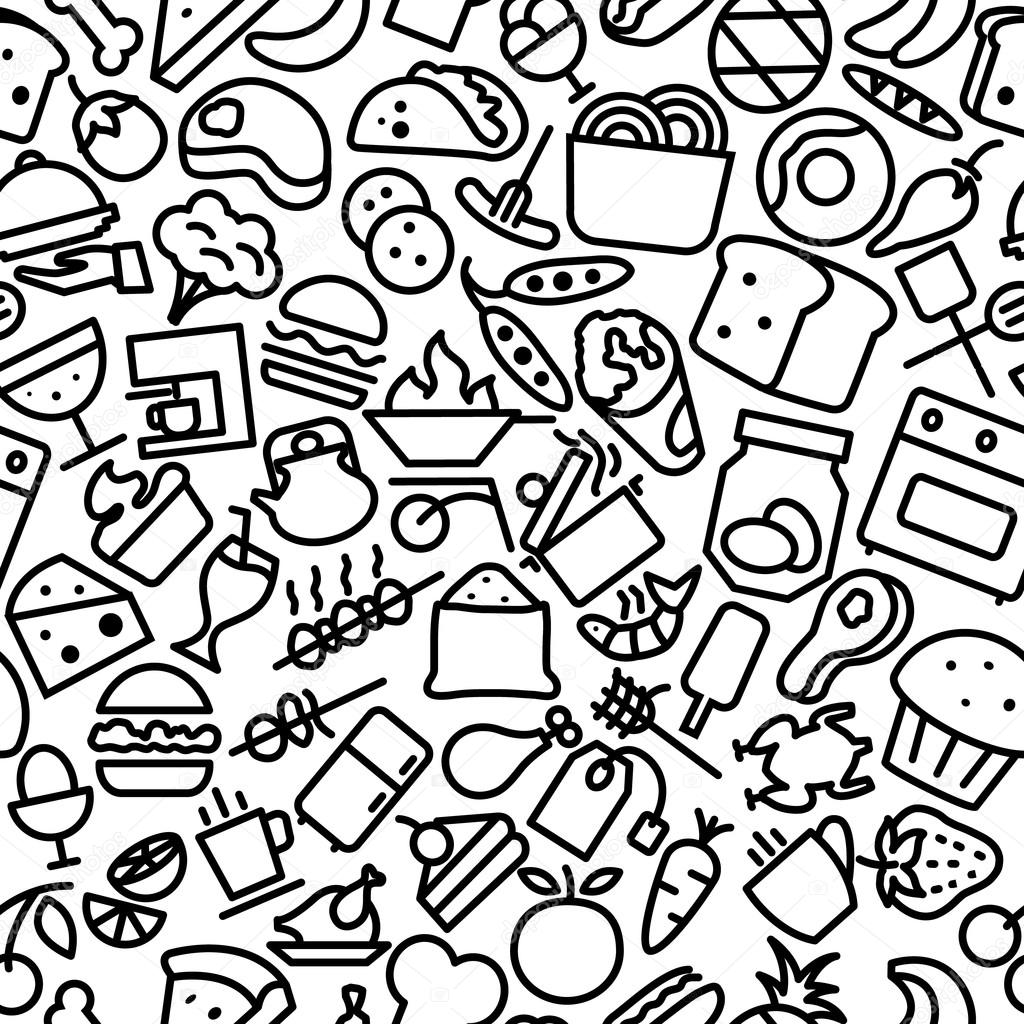 Food and Drinks Seamless Outline Iconic Pattern