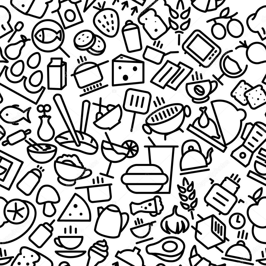 Food and Drinks Seamless Outline Iconic Pattern