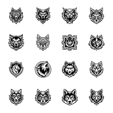 Kurt kafası simgeleri ayarlandı. Web, siyah tasarım için basit kurt başı vektör simgeleri biçimi