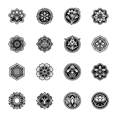 Siyah ve beyaz vektör çiçek tasarım elementleri kümesi.